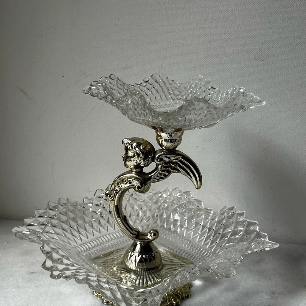 Federal Glass Square Ruffle Diamond Gold Angel 2 Tier Candy Dish Tray ..vintage